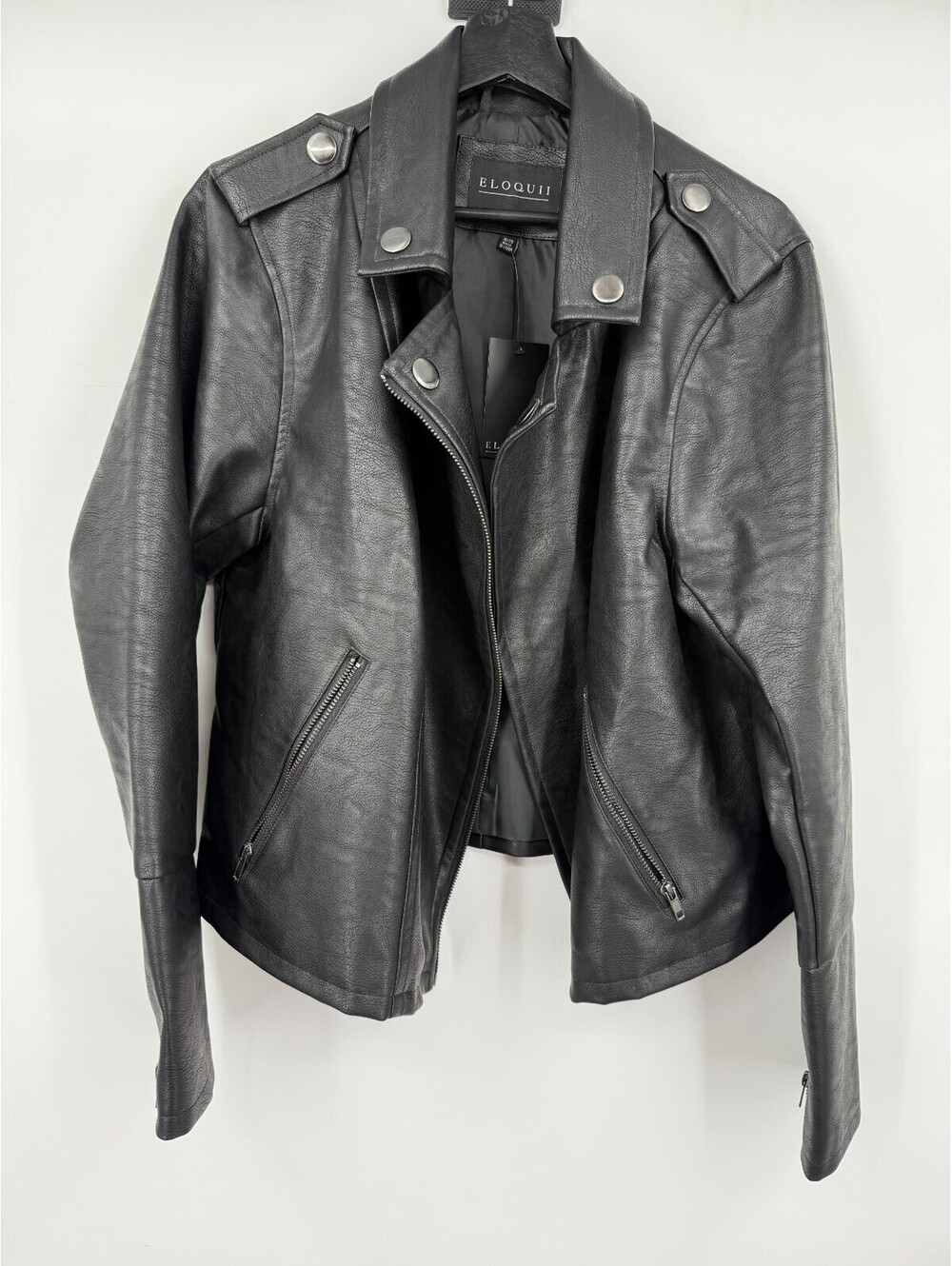 ELOQUII Womens Faux Leather Moto Jacket Black Biker Front Zip Cuffs Size 18/20